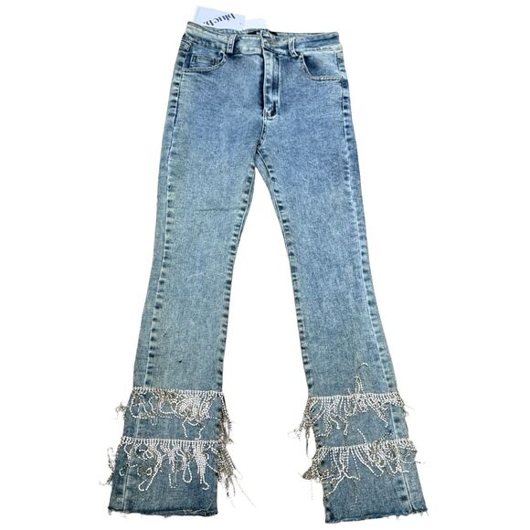 NWT Y2K Blue B High Waisted Rhinestone Fringe Cuff Skinny Jeans Sz S - Picture 2 of 5